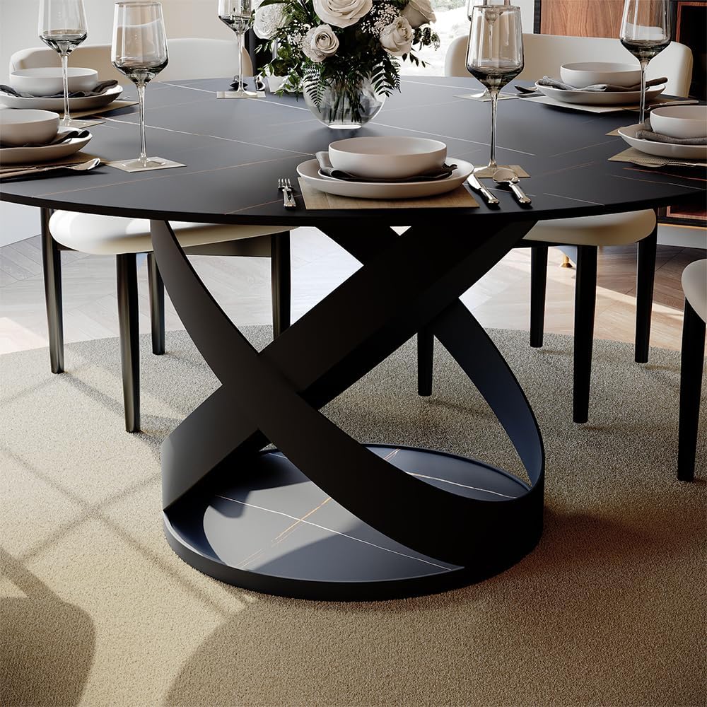POVISON 60' Round Dining Table for 6, Modern Dining Room Table with Lazy Susan, Matte Black Sintered Stone Dining Tabletop with X-Shape Carbon Steel Base (Table Only)