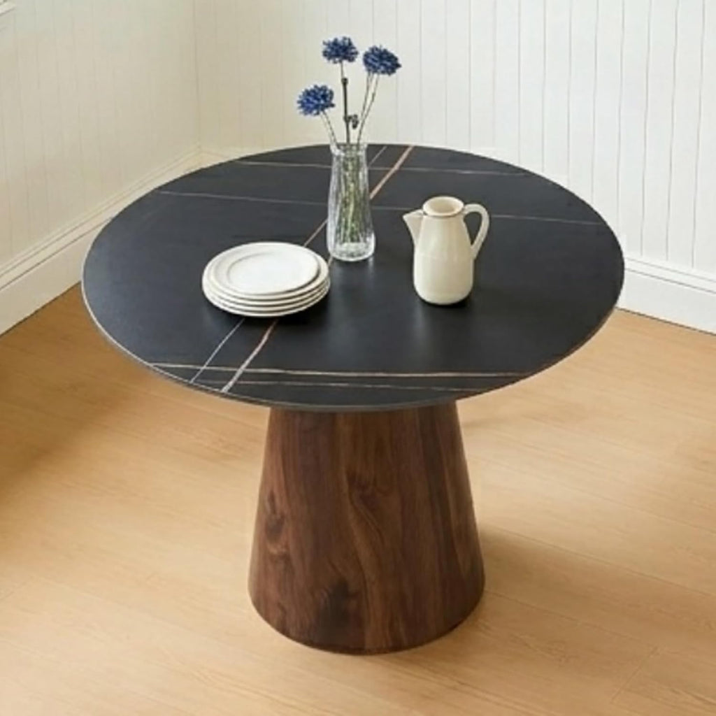 Faux Marble Round Dining Table for 4/5/6, 42' Modern Round Kitchen Table with Black Sintered Stone Top and Walnut Stable Pedestal for Apartment,Restaurant,Small Space