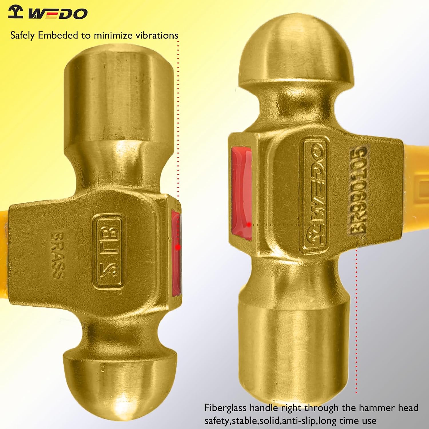 WEDO 3PCS Brass Ball Peen Hammer Set 12oz+16oz+24oz,Ball Pein Hammer with Fiberglass Handle,Brass, Die-Forged, Corrosion Resistant, DIN Standard