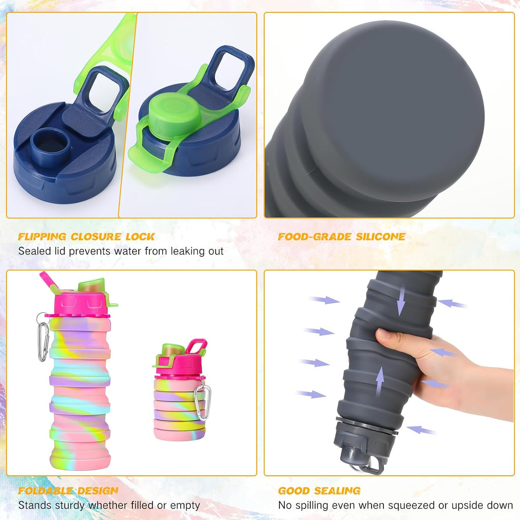 Sunnyray Collapsible Water Bottles Bulk Foldable Water Bottles 17oz Silicone Portable Leak Proof Reusable Sports with Clip for Travel Hiking Camping Outdoor(Colorful,40 Pack)