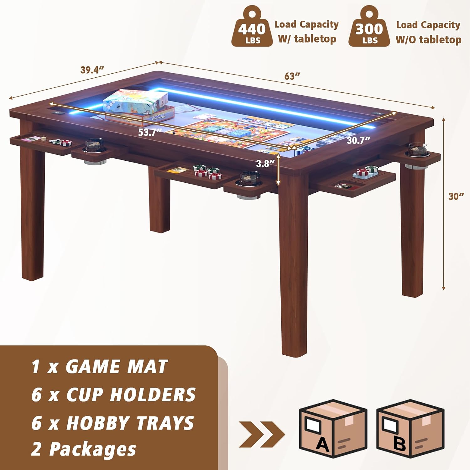 Haddockway Solid Wood Board Game Table with Colorful Led Lights, Dining/Gaming Table for 4-6 Players with Charge Station,Removable Top, Play Mat, 6 Cup Holders & Trays (Warm Walnut)
