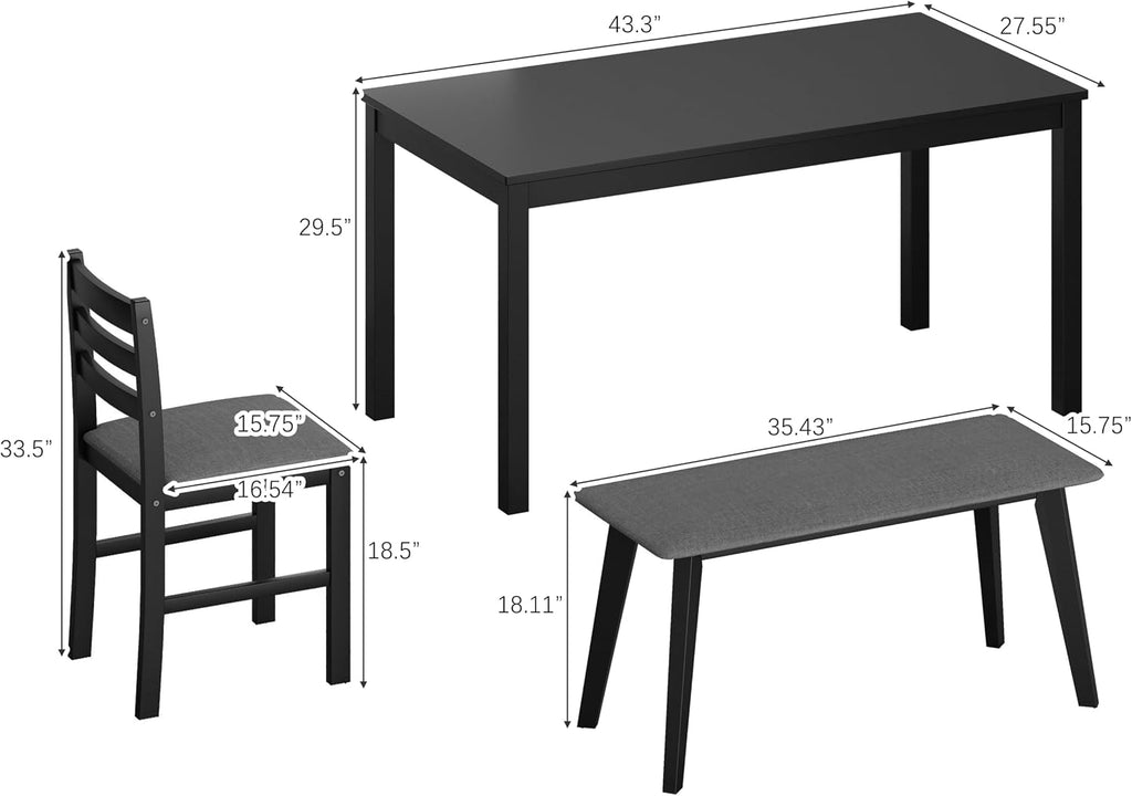 Dining Table Set for 4, Solid Wood Kitchen Table Chairs Set of 4, 43.3' Space-Saving Mid Century Modern Dining Room Table with Chairs and Bench for Kitchen, Living Room,Breakfast Nook, Black