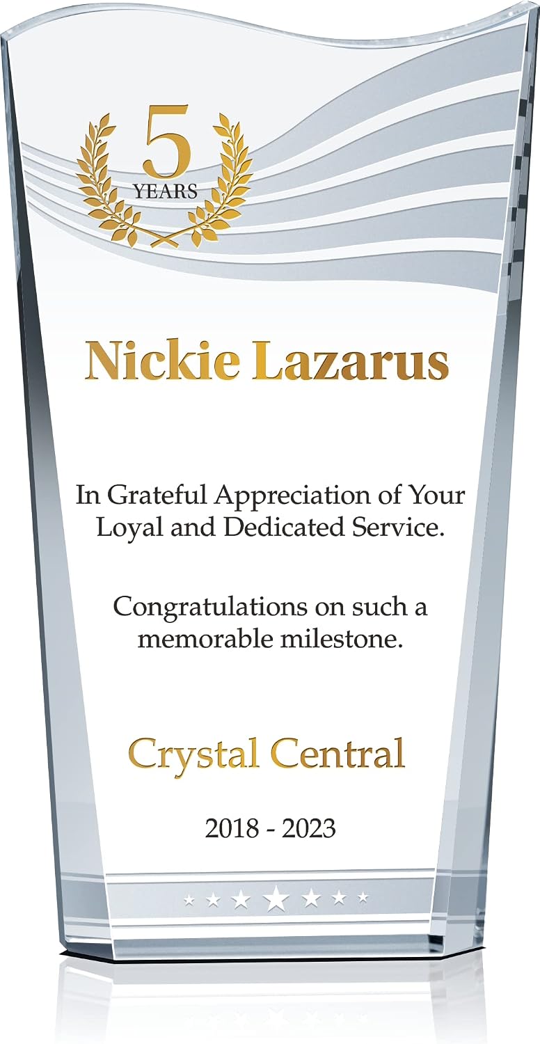 Custom Crystal Employee 5, 10, 15, 20, 30 Years Services Awards and Trophies, Personalized Engraved with Your own Loyalty Recognition Award Message (Crystal Wave Service Award Plaque)