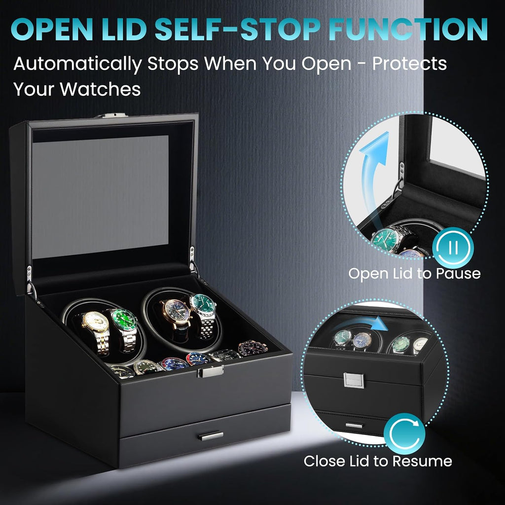 J&T Technology Watch Winder for 4 Automatic Watches, Watch Winder Box with Watch Holders and Jewelry Storage, Quiet Japan-Made Motor,LED Light,Gift for Men & Women