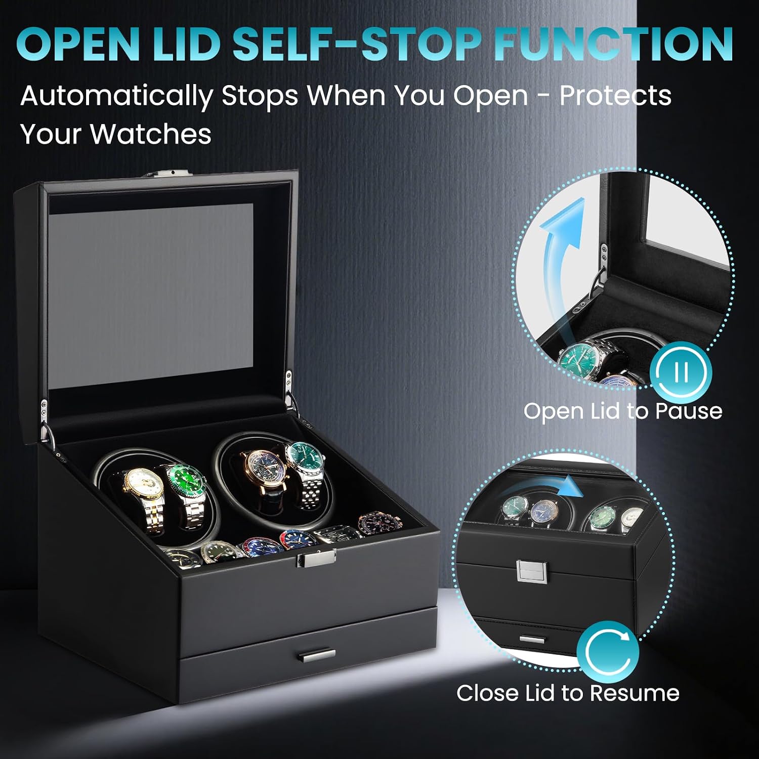 J&T Technology Watch Winder for 4 Automatic Watches, Watch Winder Box with Watch Holders and Jewelry Storage, Quiet Japan-Made Motor,LED Light,Gift for Men & Women