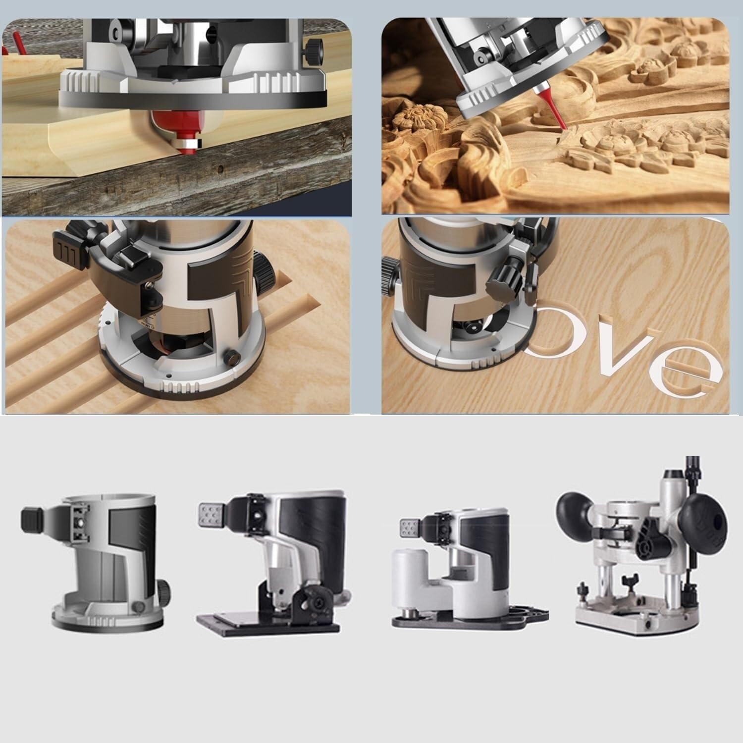 Portable Woodworking Router Slotting Cordless Compact Router, with 4 Bases, 5 Levels Adjustable, 20MM Depth Adjustable, Dust Hood, Electric Hand Laminate Trimmer Set Wood Routing Trimming