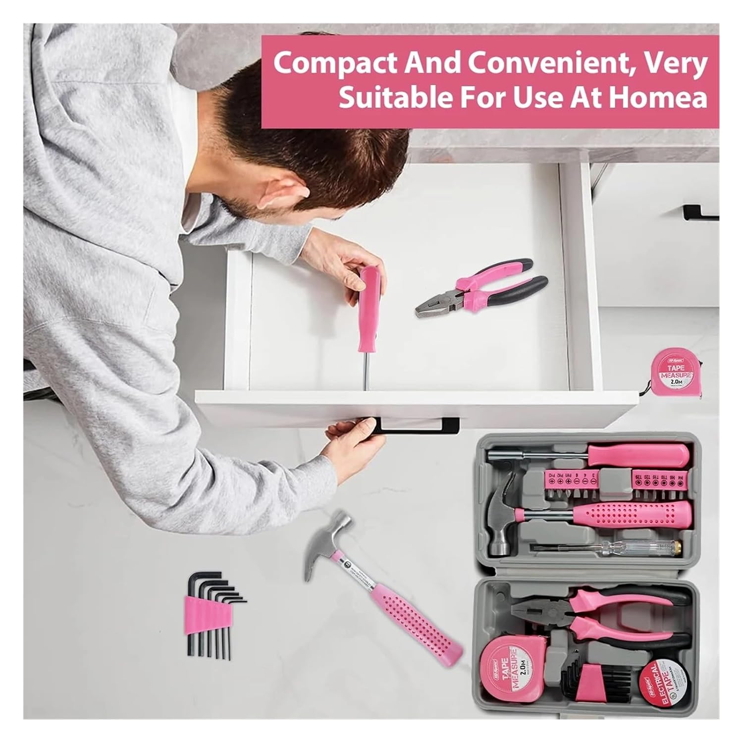 13/24Pcs Household Repair Tool Kit Multi-Purpose Pink Hand Tool Set with Storage Case Durable Hammer and Allen Key Set(13pcs)