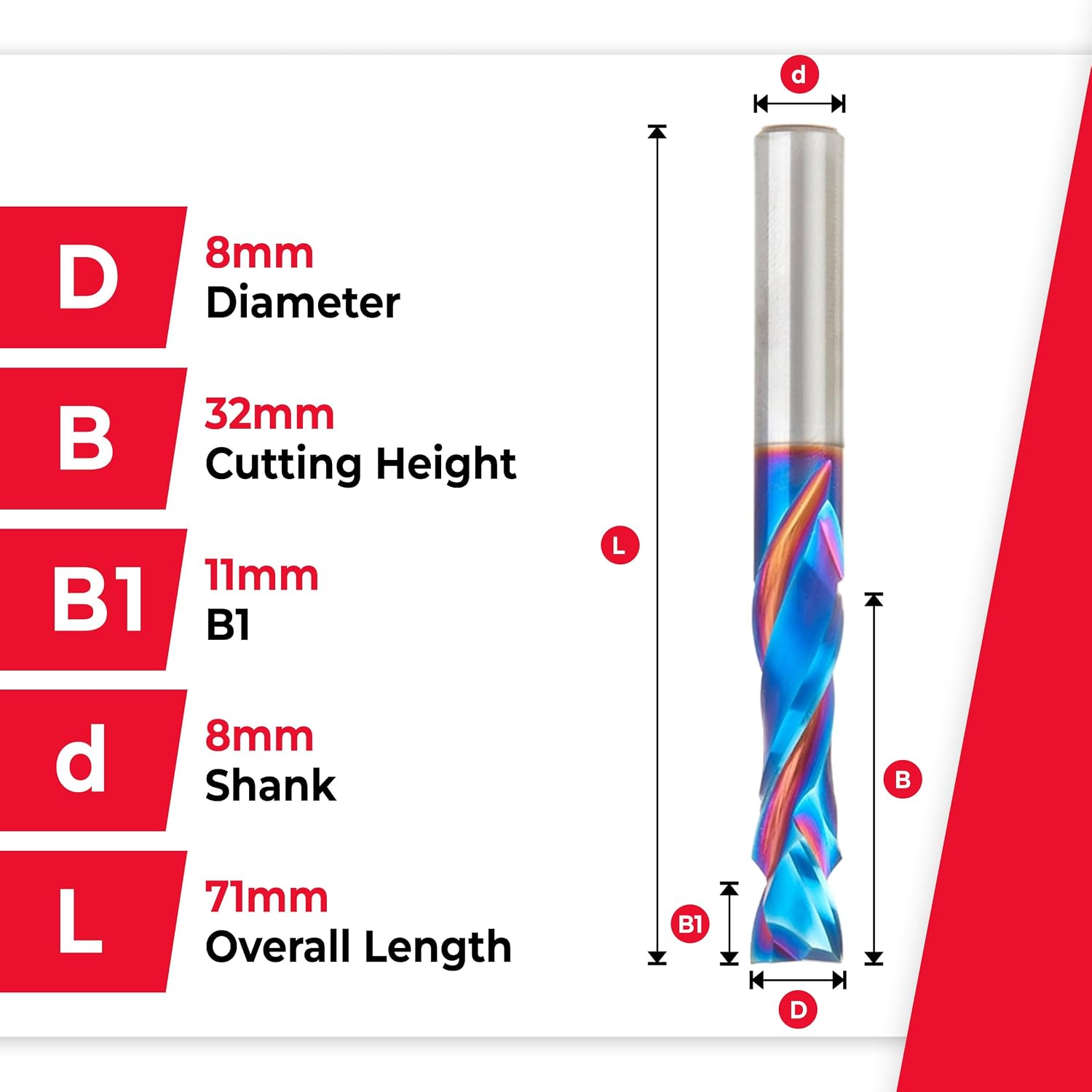 Amana Tool Spektra Extreme Tool Life Coated Solid Carbide CNC Compression Spiral Router Bit, 48308-K, 8mm D x 32mm CH x 8mm Shank x 71mm Long