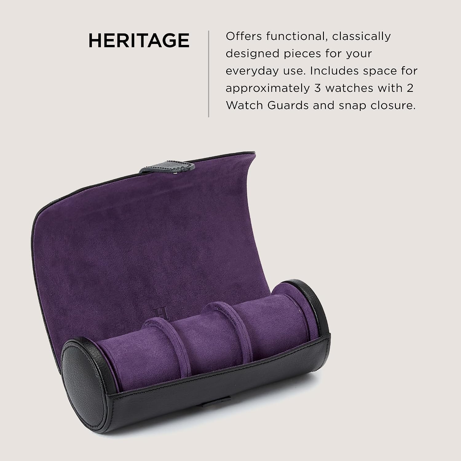 WOLF Heritage Watch Roll, Blake Black/Purple - Holds Up to Three Watches - Vegan Leather, Ultra-Suede Lining, Snap Closure - Includes Two Watch Guards