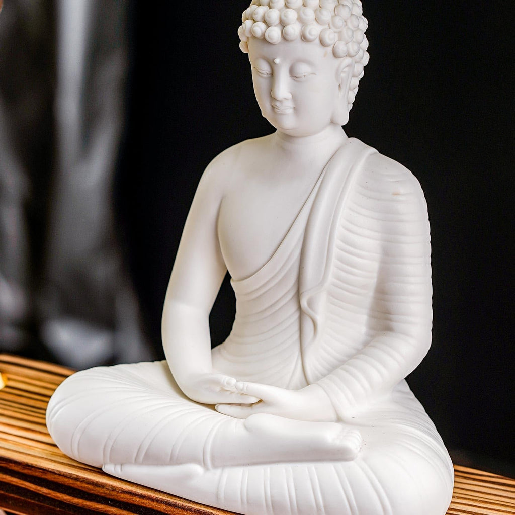 Houlu White Buddha Statue with Green Artificial Tree and LED Circle Table Lamp, Indoor Ceramic Buddha Statues for Home Decor, 16.5 in