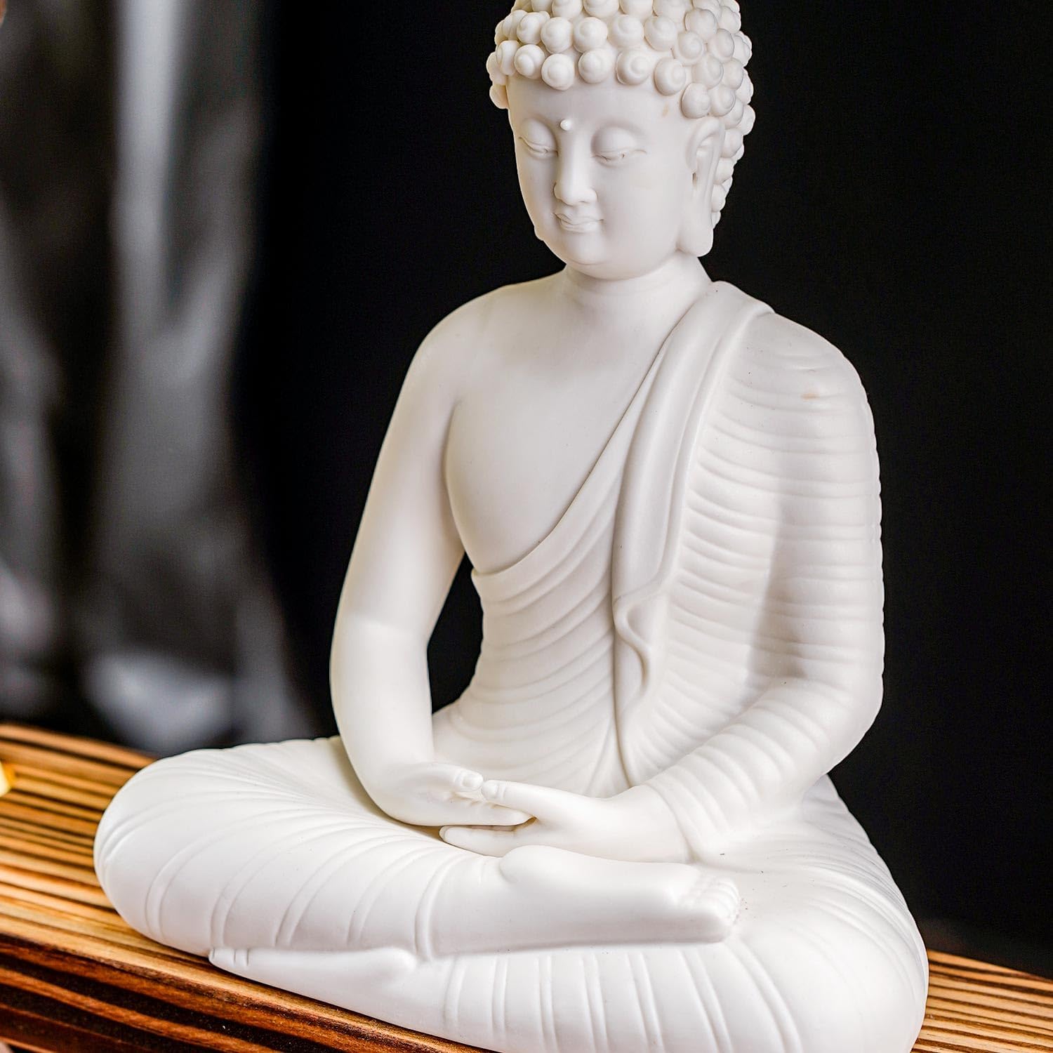 Houlu White Buddha Statue with Green Artificial Tree and LED Circle Table Lamp, Indoor Ceramic Buddha Statues for Home Decor, 16.5 in
