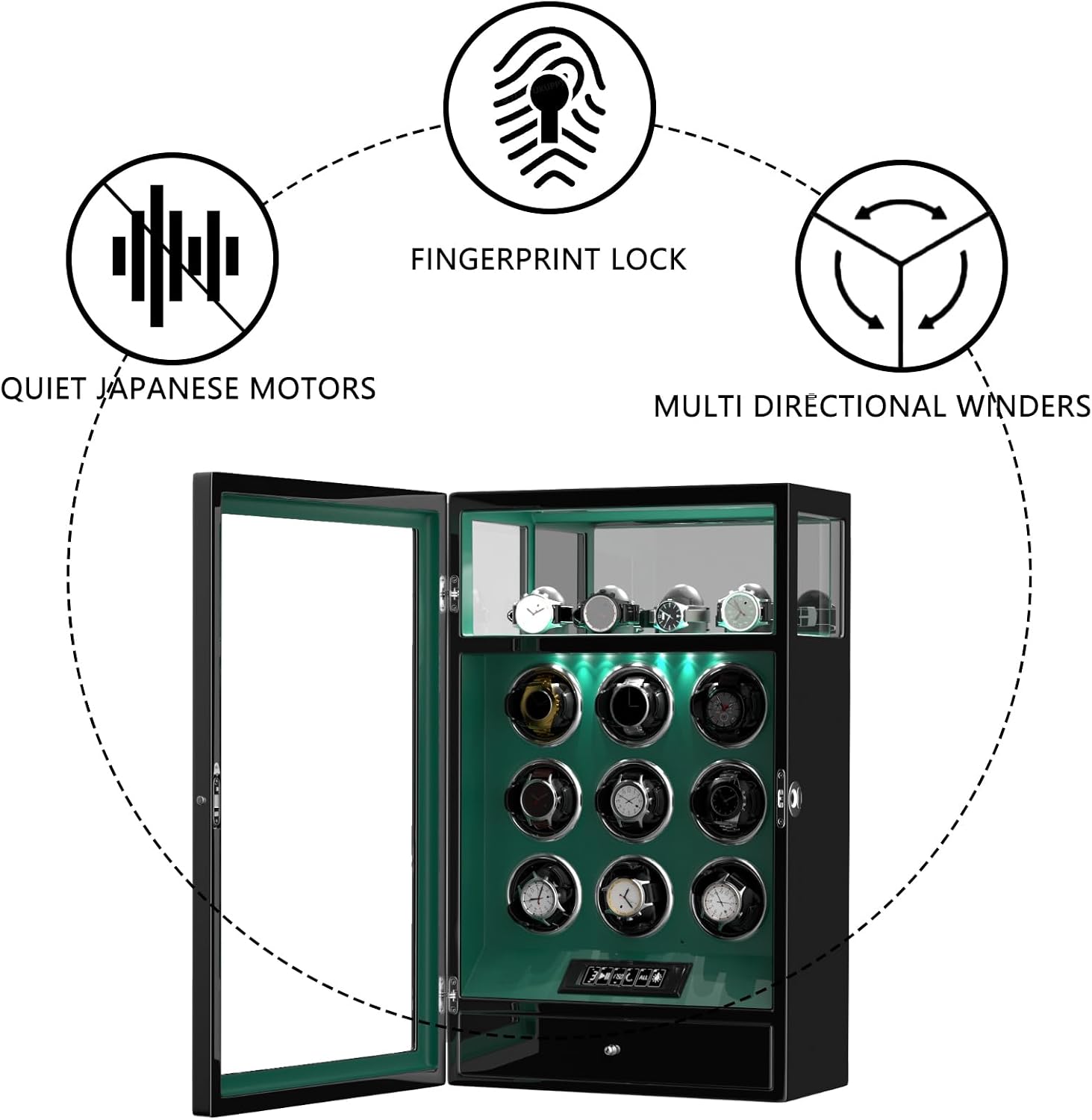 DUKWIN Watch Winder, Fingerprint Lock Automatic Watch Winder for 3/6/9 Watches with 4 Holders,300-2300 TPD,Digital Display, Remote Control,Jewelry Storage and Adjustable Watch Pillow and LED Light
