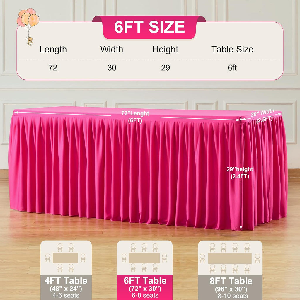 6 Packs Hot Pink Tableclothes for 6 Foot Rectangle Tables, Wrinkle Free Fitted Table Cloth 6ft Stretch Table Cover with Skirt for Parties Weddings Birthday Banquet Baby Shower