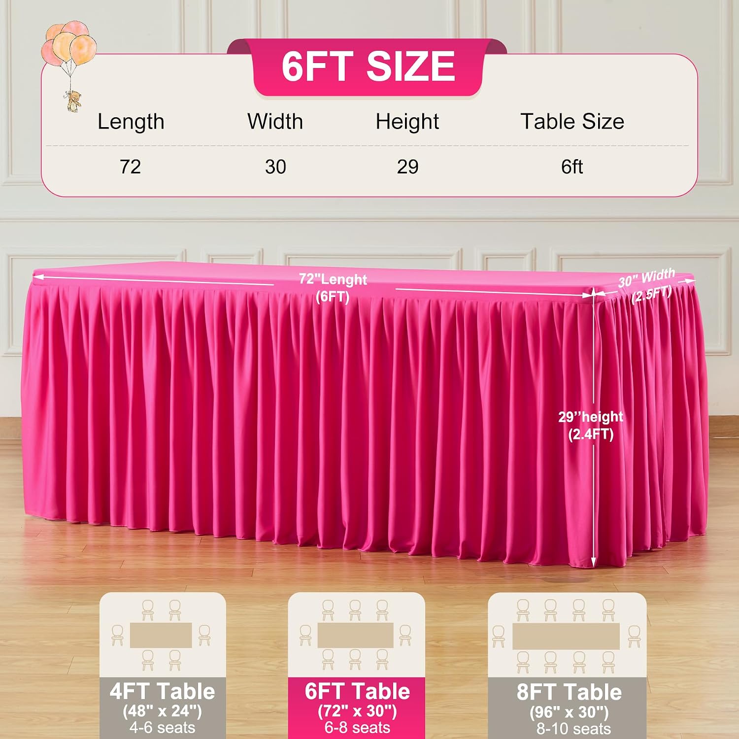 6 Packs Hot Pink Tableclothes for 6 Foot Rectangle Tables, Wrinkle Free Fitted Table Cloth 6ft Stretch Table Cover with Skirt for Parties Weddings Birthday Banquet Baby Shower