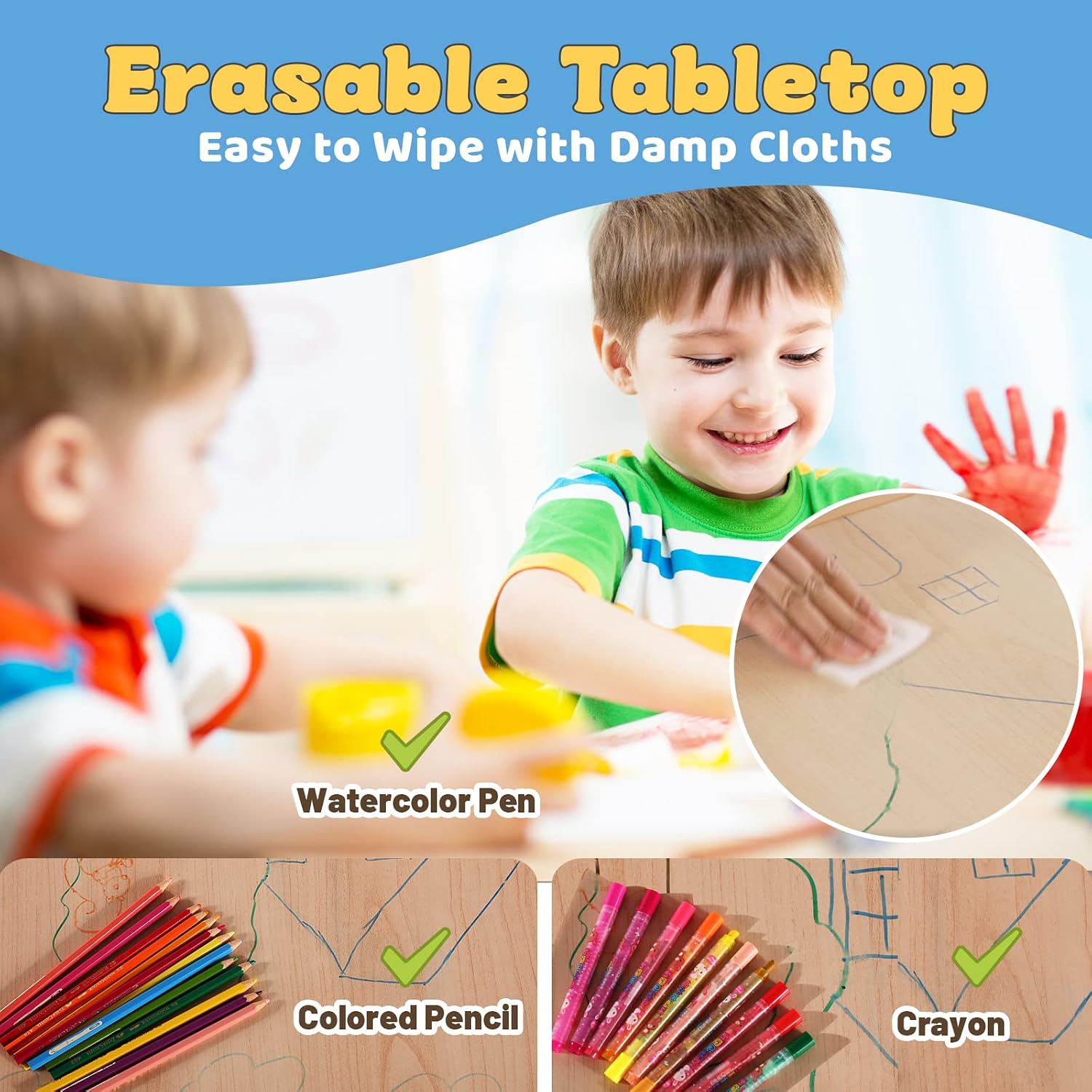 FUNLIO Kids Table and 4 Chairs Set, Height Adjustable Toddler Table and Chair Set for Ages 3-8, Easy to Wipe Arts & Crafts Table, for Classrooms/Daycares/Homes, CPC & CE Approved (5-Piece Set) - Blue