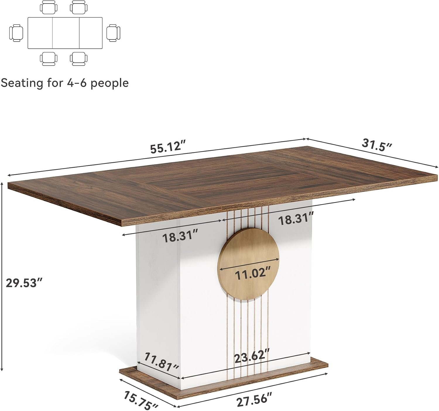 LITTLE TREE Rectangle Dining Table, Modern Kitchen Table Set for 6, Wooden Furniture with Heavy Duty Base, Modern Furniture for Home, Dining Room, Brown & White