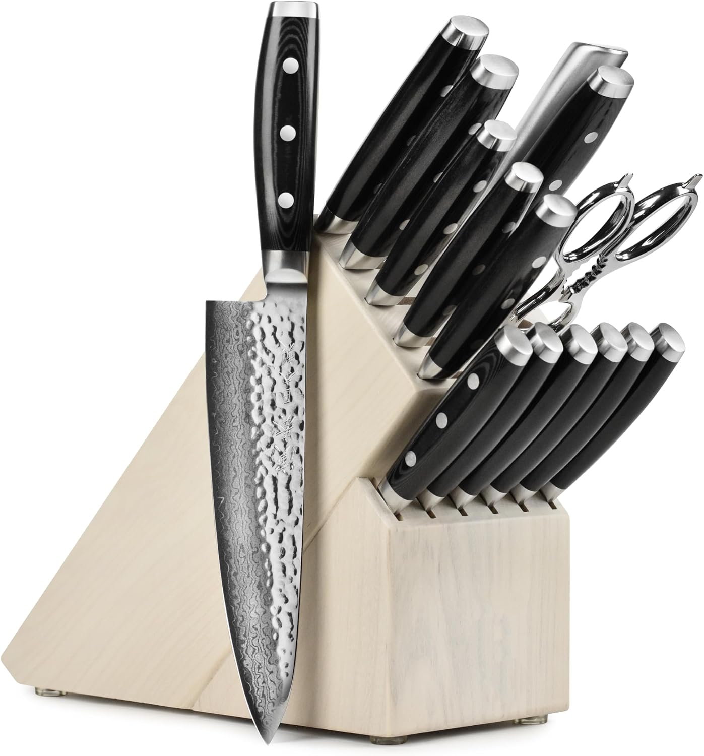 Enso HD 16 Piece Knife Set - Made in Japan - VG10 Hammered Damascus Stainless Steel with Gray Ash Block