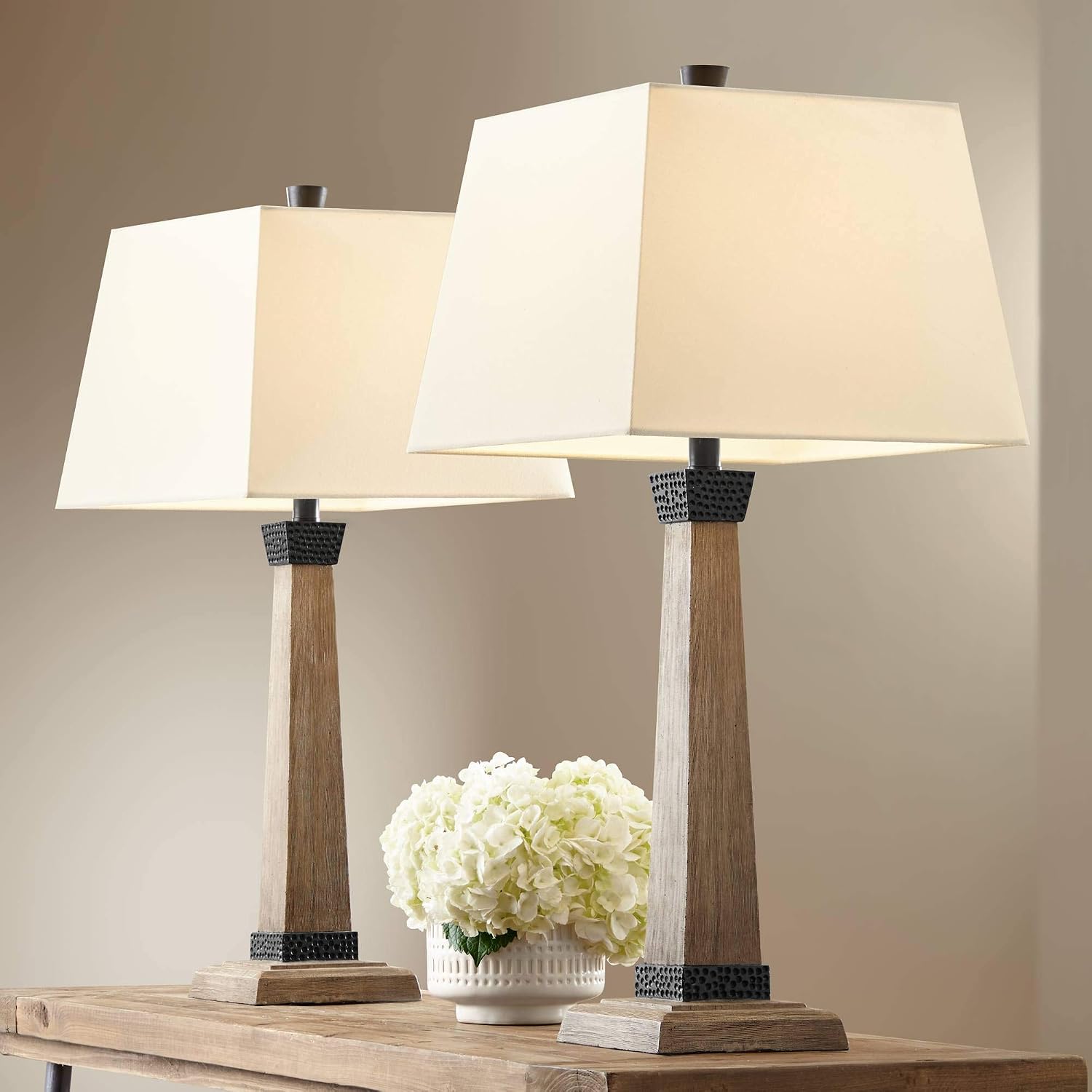 John Timberland Buchan 29 1/2' Tall Pedestal Farmhouse Rustic Country Cottage End Table Lamps Set of 2 Brown Wood Finish Oatmeal Shade Living Room Bedroom Bedside Nightstand House Office Home