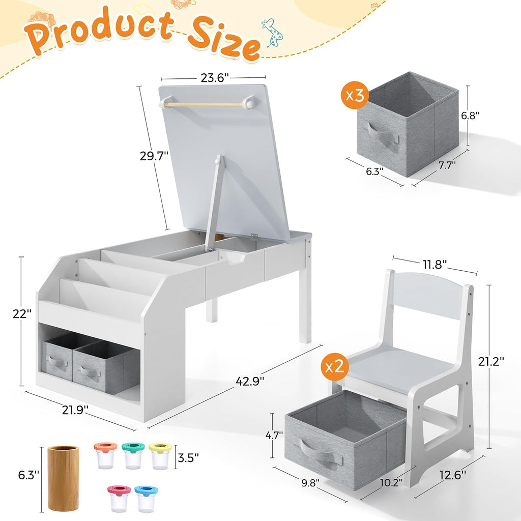 5-in-1 Kids Art Table and Chairs, Toddler Table and Chair Set, Craft Play Desk for Kids, Convertible Art Easel with Paper Roll Holder & Storage Drawers, Children Activity Learning Center-Light Grey