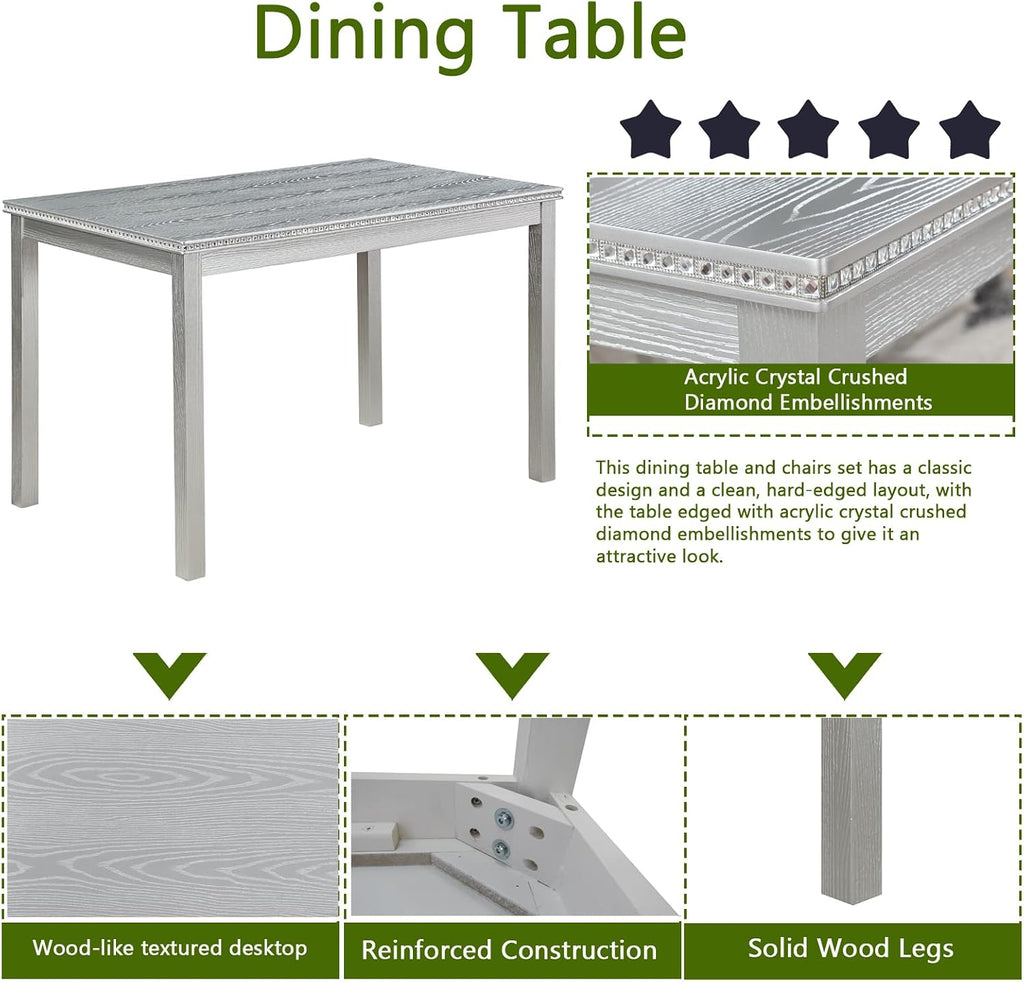 LUMISOL Dining Table Set for 4, 5-Piece Solid Wood Kitchen Table Set with 4 Upholstered Chairs for Kitchen, Dining Room, Home Bar, Grey