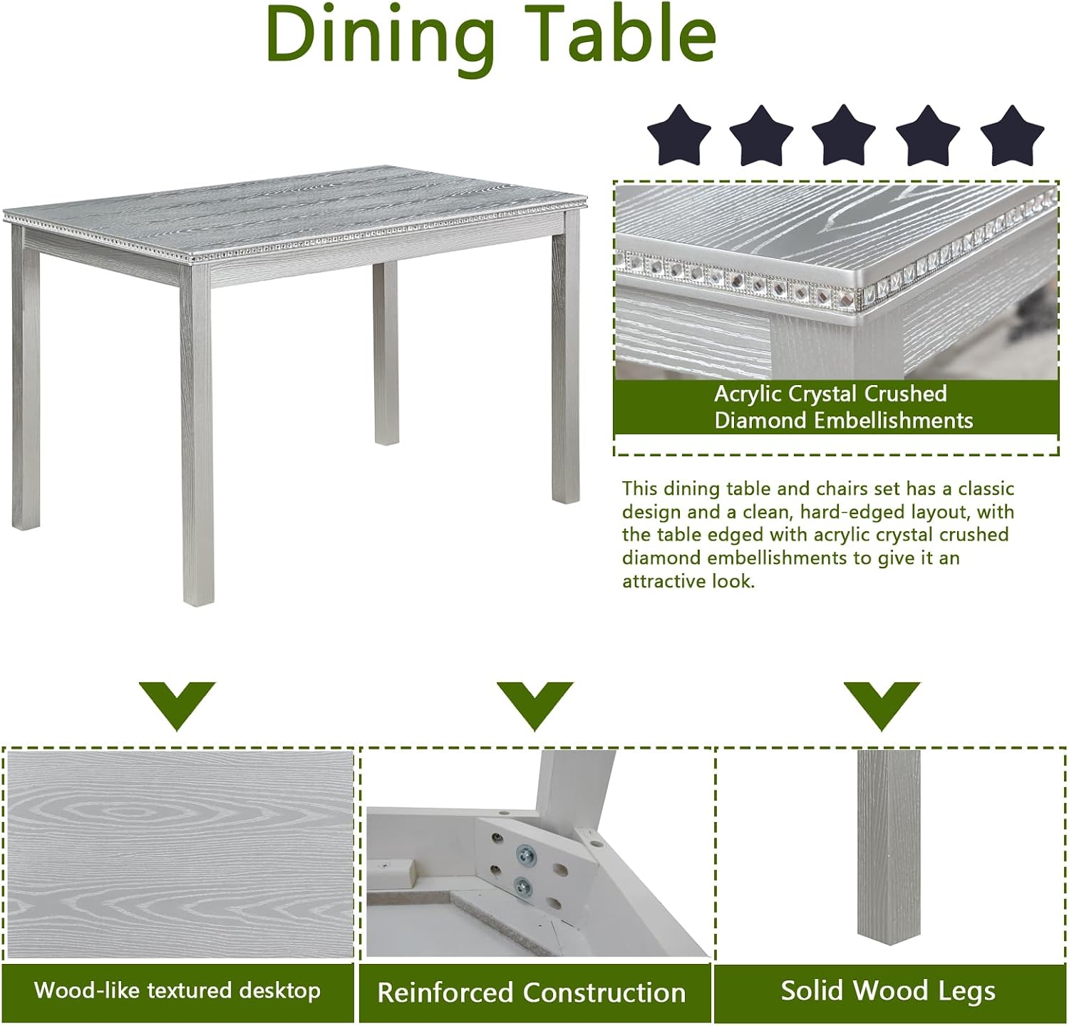 LUMISOL Dining Table Set for 4, 5-Piece Solid Wood Kitchen Table Set with 4 Upholstered Chairs for Kitchen, Dining Room, Home Bar, Grey