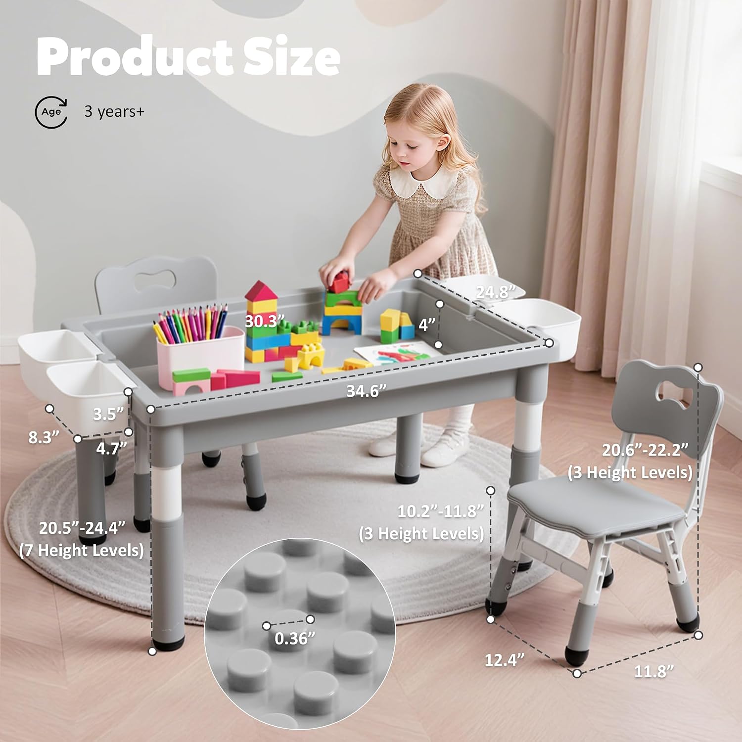Kids Table and Chairs Set Large Storage, Height Adjustable Toddler Activity Table and 2 Chairs Set, 34.6x24.8' Graffiti/Block Building Desktop, 4 Side Boxes, Kids desk for Home, Preschool, Classroom