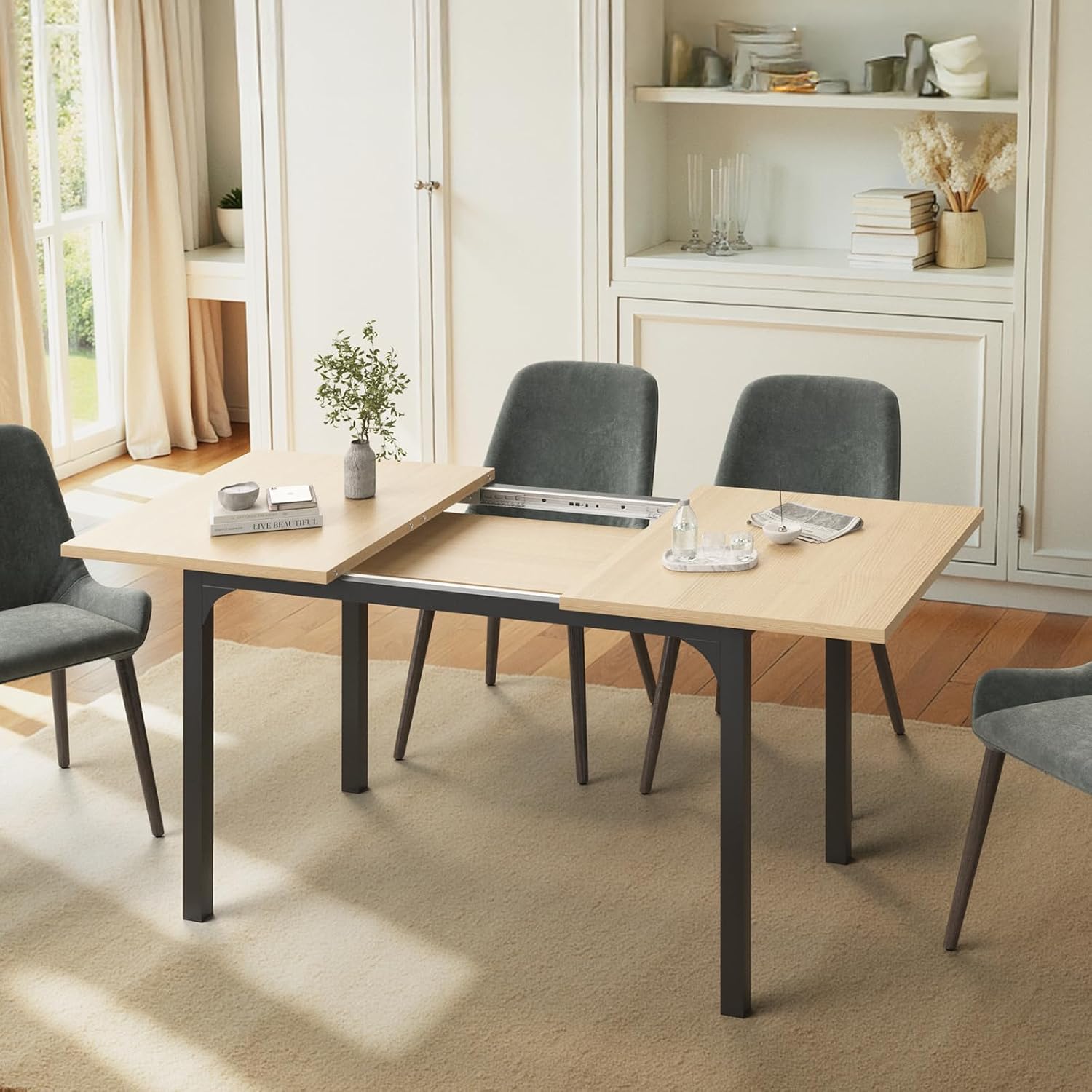 Extendable Dining Table, Rectangle Kitchen Table for 4-8 People, Modern Wooden Dinner Table with Strong Metal Legs, Space Saving Expandable Dining Room Table for Restaurant, Conference, Natural