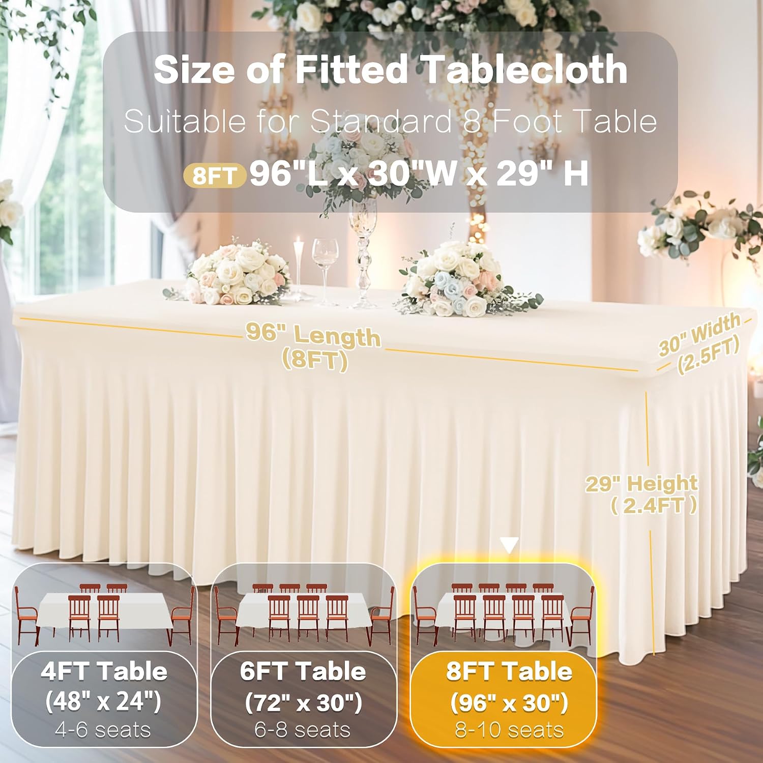 Shillance Ivory Spandex Table Covers 8ft, 6 Packs Fitted Table Covers for 8 Foot Tables Stretch Spandex Table Skirts Rectangle Tables for Event, Wedding, Banquet & Parties
