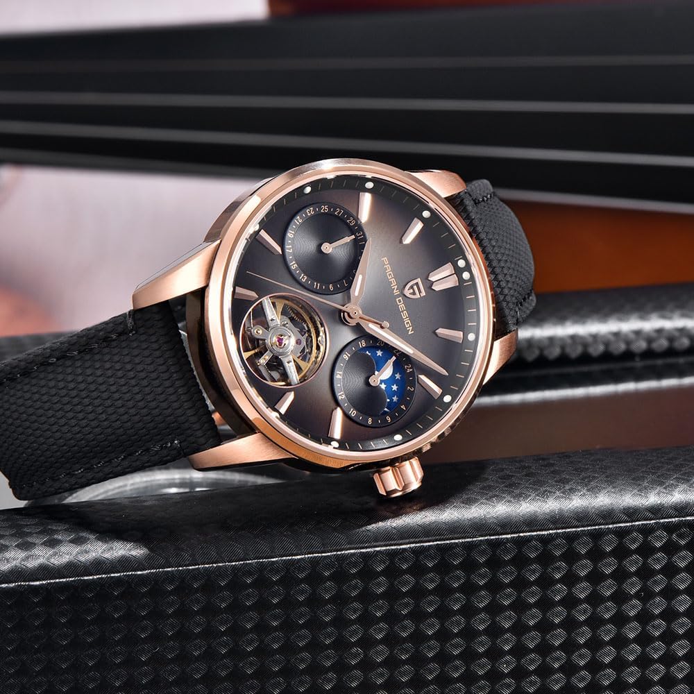 Pagani Design Luxury Men's Automatic Watch Skeleton Tourbillon Moon Phase Stainless Steel 100m Waterproof Leather Strap Men's Mechanical Watch