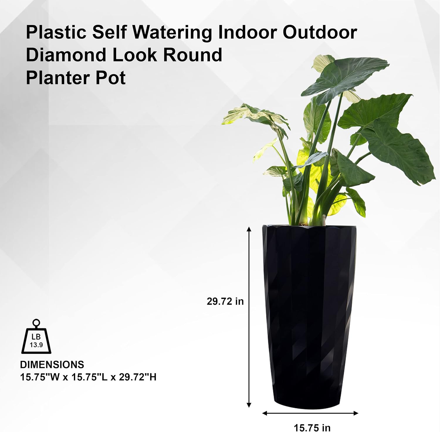 XBrand 30' H Black Plastic Self Watering Indoor Outdoor Diamond Look Round Planter Pot, Tall Decorative Gardening Pot, Home Décor Accent