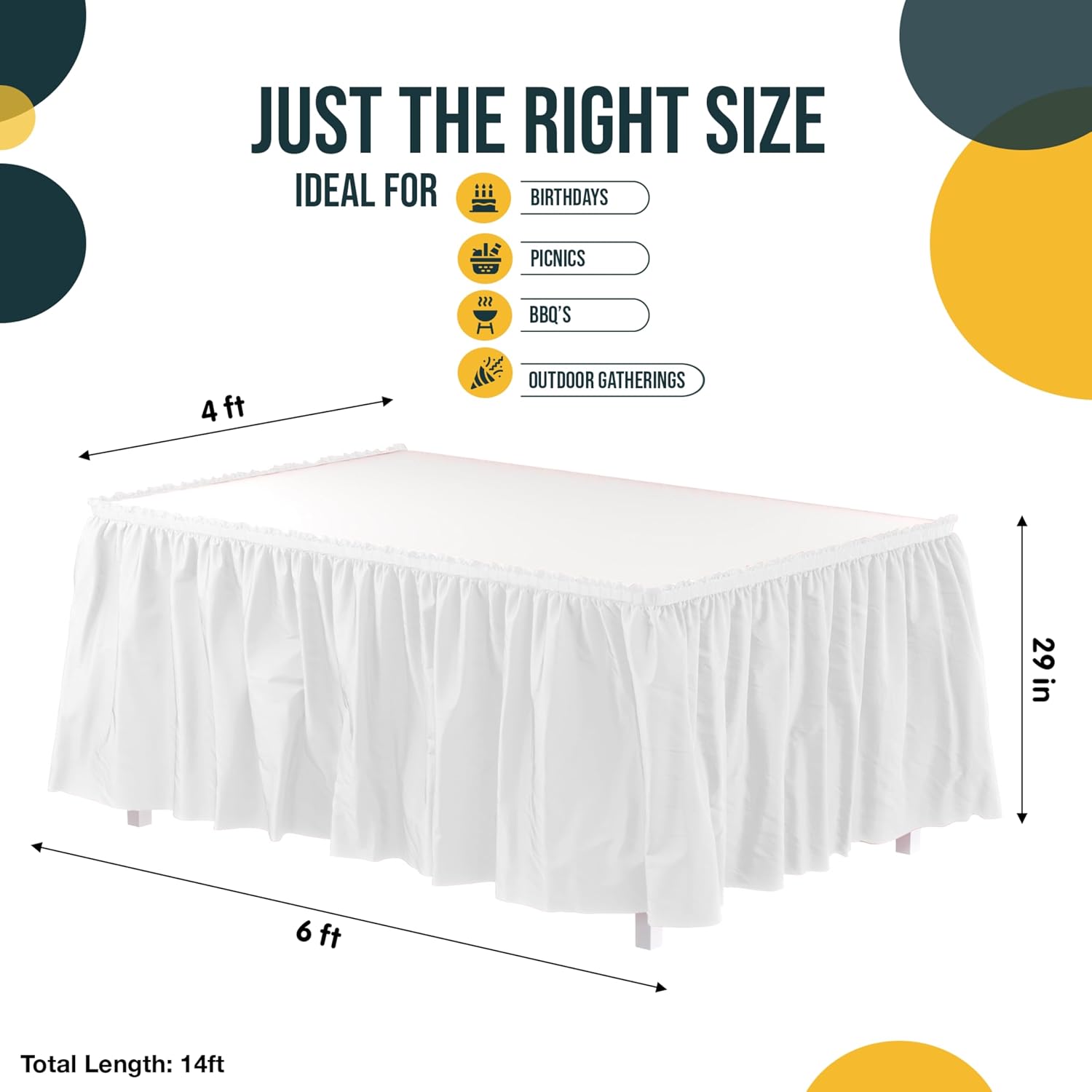 Exquisite Ruffle Table Skirt White 48 Pack 14 Ft Long Table Skirts for Rectangle Tables 6ft Plus or Round Tables Skirts with Adhesive Strip for Gender Reveal Decor & Happy Birthday Parties
