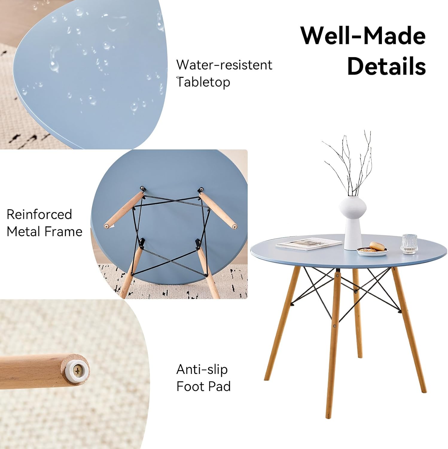 5-Piece Round Dining Table Set, Small 35.5' Kitchen Table Chairs Set of 4 Space Saving Furniture, Plastic Seats, Solid Wood Legs, for Living Room Apartment Office Home, Blue
