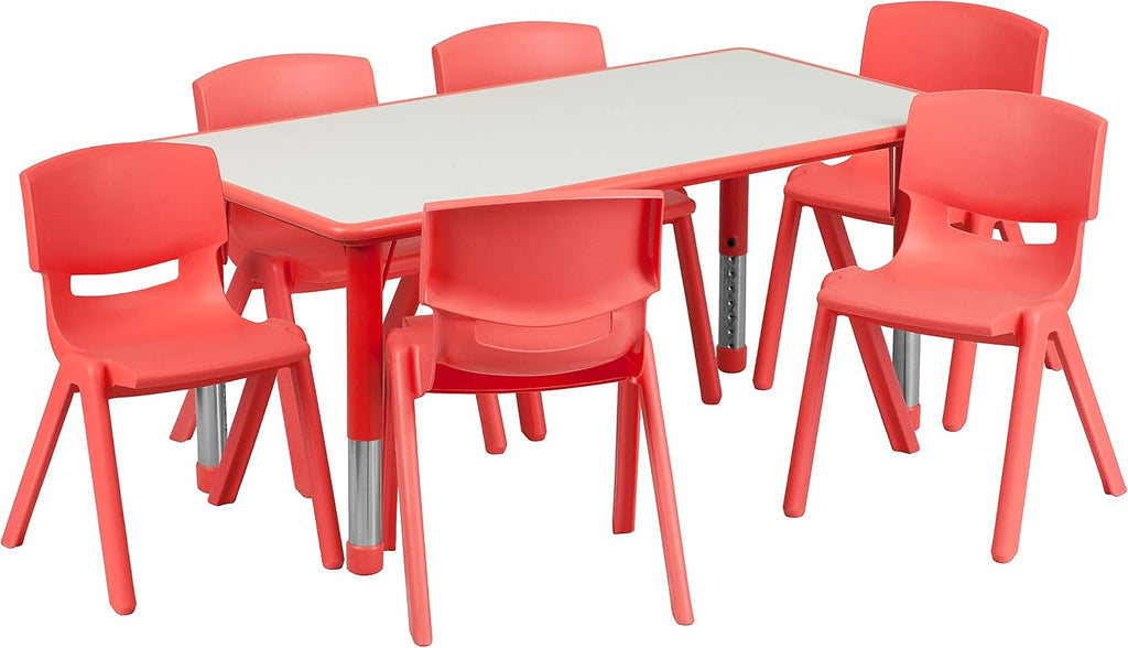 Flash Furniture Emmy Adjustable Classroom Activity Table with 6 Stackable Chairs, Rectangular Plastic Activity Table for Kids, 23.625' W x 47.25' L, Red/Gray