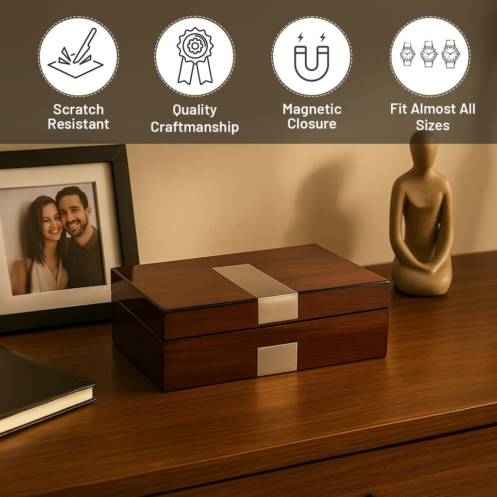 Bey-Berk Lacquered Walnut 8-Slot Watch Box, Solid Wood Watch Display Case with Stainless Steel Accents, Soft Velour Lining and Magnetic Closure, 11.85' x 8' x 4'