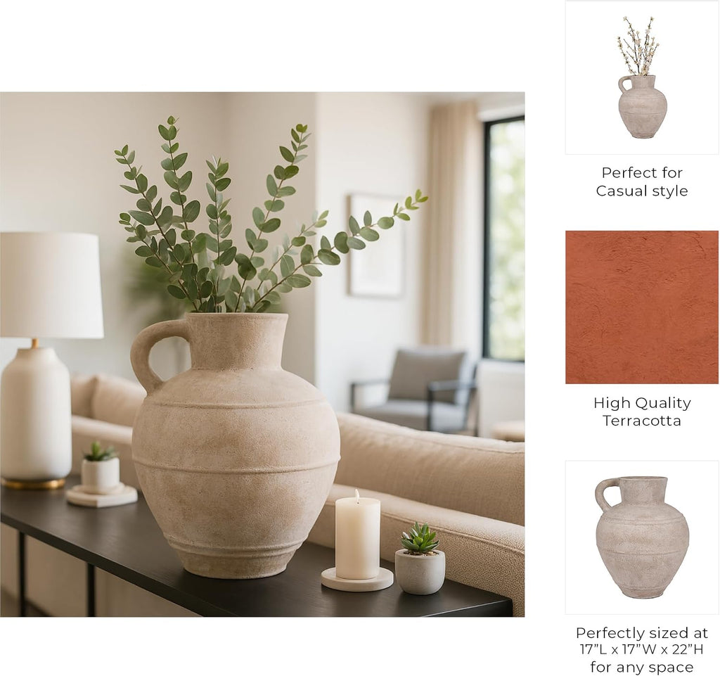 Elegant Pottery Jug Vase with Handle for Living Room Decor and Home Accents - Decorative Flower Vase for Room, Bedroom, or Office Display - Elevates House and Table Styling - 22', Ivory & Tan