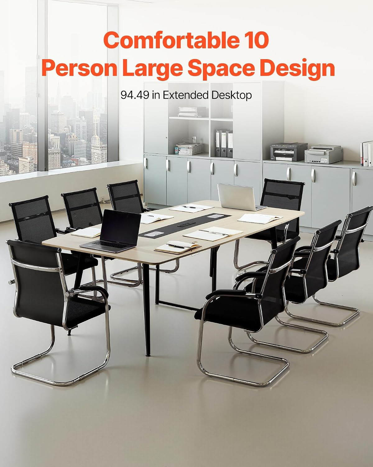 VEVOR Conference Table, 8 ft Boat Shaped Office Meeting Table with Charge Station for 10 Person, Modern Boat Seminar Meeting Desk with Metal Legs for Office, Boardroom, Conference Room, Easy Assembly