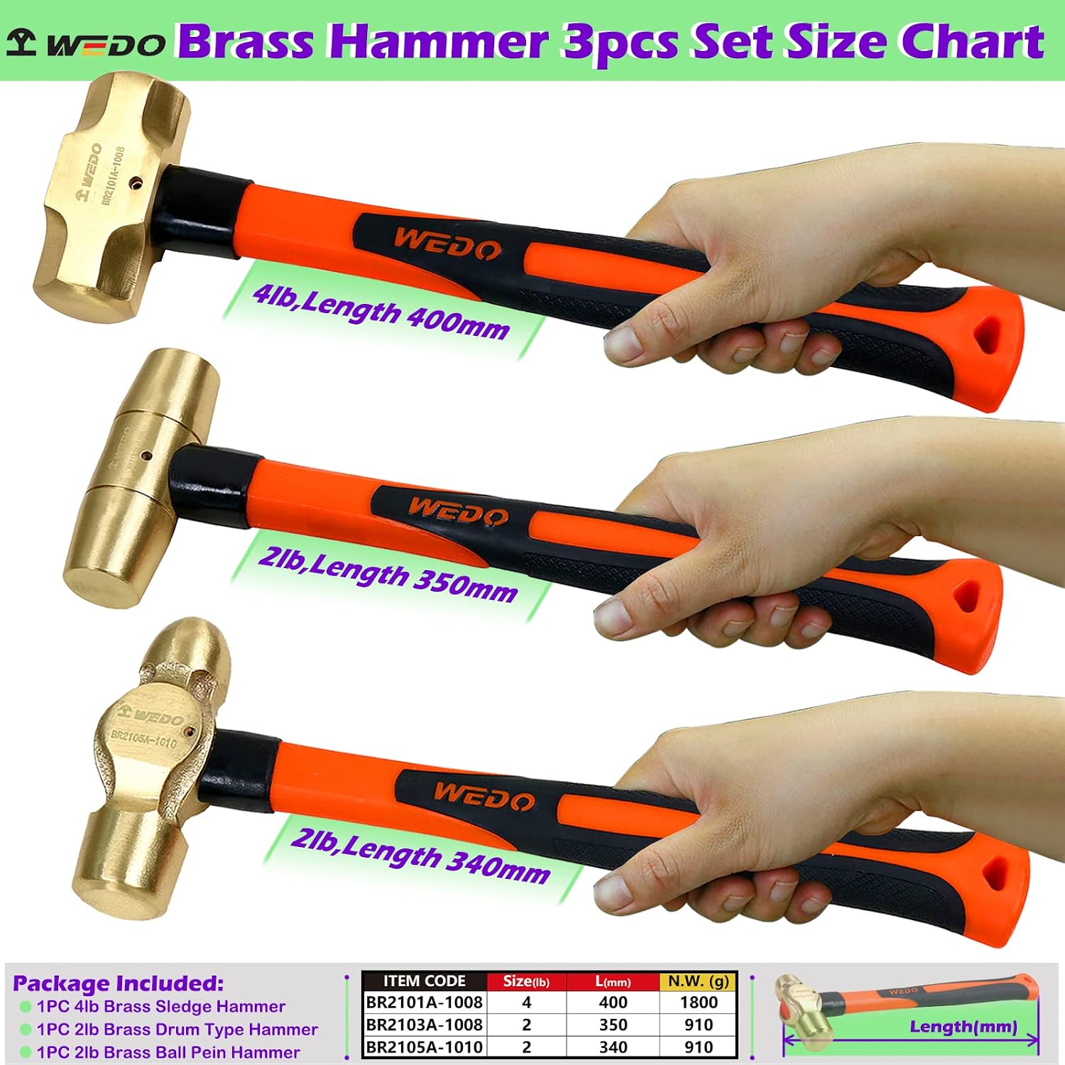 WEDO 3PCS Hammer Set,4lb Sledge Hammer,2lb Ball Pein Hammer,2lb Drum Type Hammer,Brass,Fiberglass Handle,Die-Forge,Corrosion Resistant