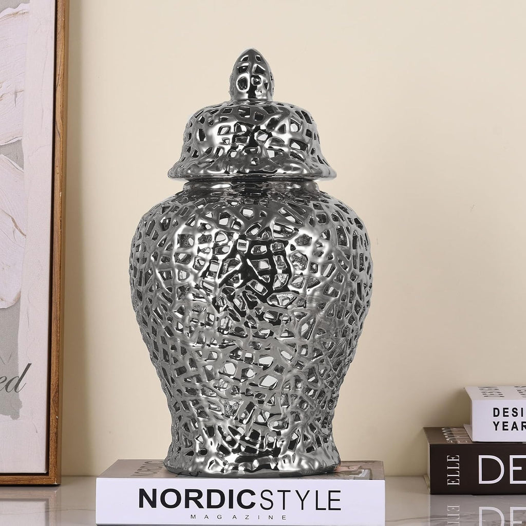 Pierced Ginger Jar Vase with Lid - 15.7' Tall Decorative Ceramic Jar for Home Decor, Centerpiece for Living Room, Dining Room, Entryway, or Office, Large Vase for Flowers (Silver)
