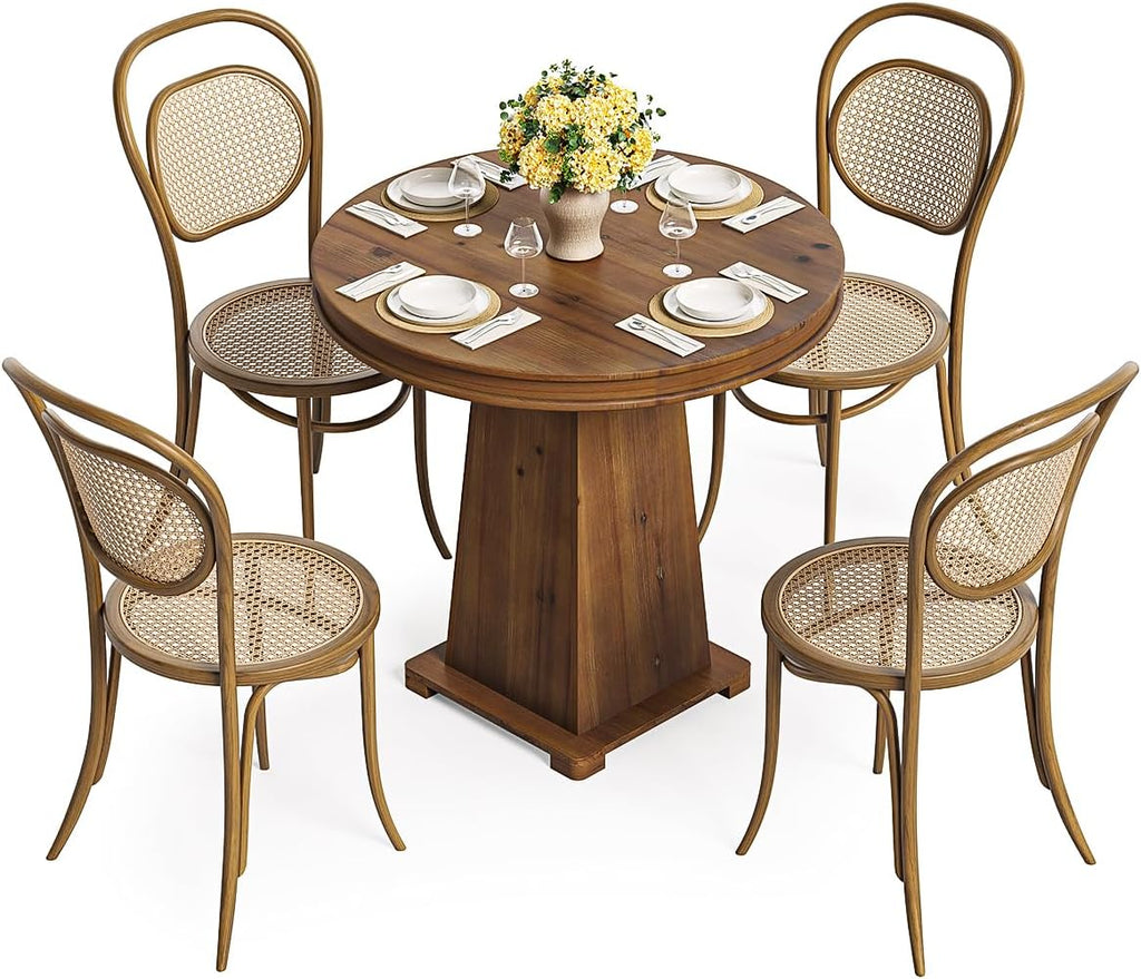 LITTLE TREE Solid Wood Round Dining Table, 31.5' Small Kitchen Table for 2, Modern Farmhouse Dinner Table for Dining Room, Kitchen, Living Room, Artistic Geometric Base, Table Only (Rustic Brown) 2PCS