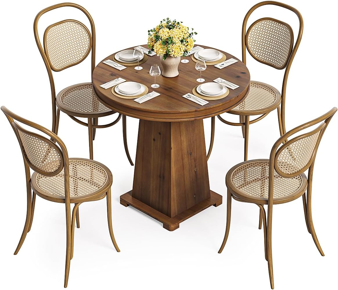 LITTLE TREE Solid Wood Round Dining Table, 31.5' Small Kitchen Table for 2, Modern Farmhouse Dinner Table for Dining Room, Kitchen, Living Room, Artistic Geometric Base, Table Only (Rustic Brown) 2PCS