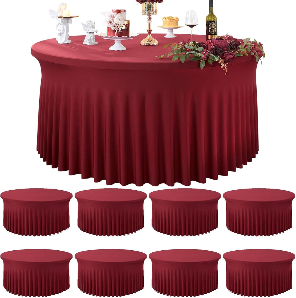 8 Pack Burgundy Round Spandex Tablecloth for 72 inch Table, Stretchy 132inch Fitted 6FT Round Table Cloths Maroon, Wrinkle Free Table Cover with Skirt for Wedding Birthday Christmas Party Banquet