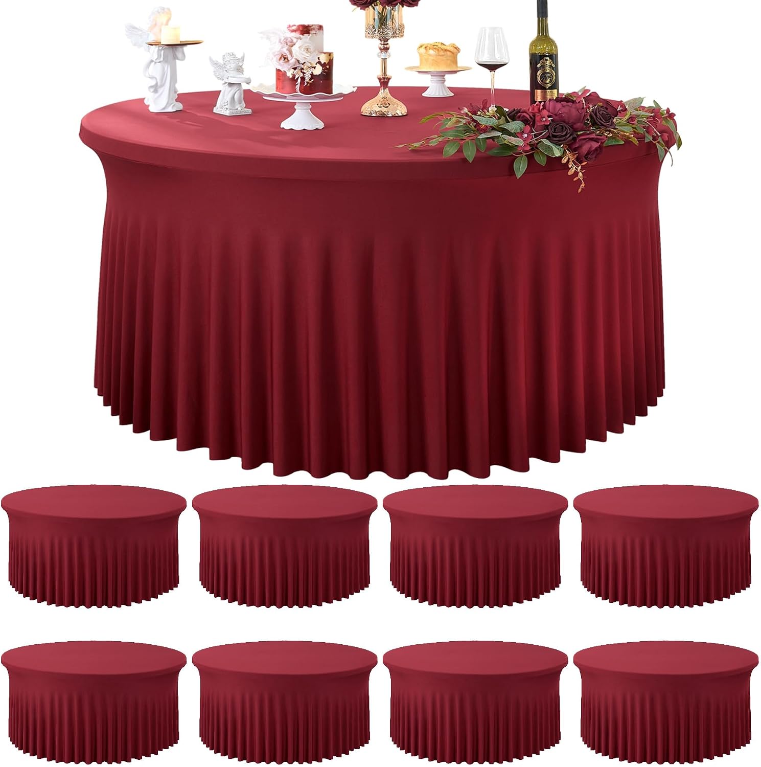 8 Pack Burgundy Round Spandex Tablecloth for 72 inch Table, Stretchy 132inch Fitted 6FT Round Table Cloths Maroon, Wrinkle Free Table Cover with Skirt for Wedding Birthday Christmas Party Banquet