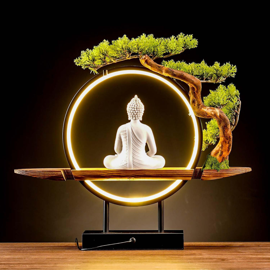 Houlu White Buddha Statue with Green Artificial Tree and LED Circle Table Lamp, Indoor Ceramic Buddha Statues for Home Decor, 16.5 in