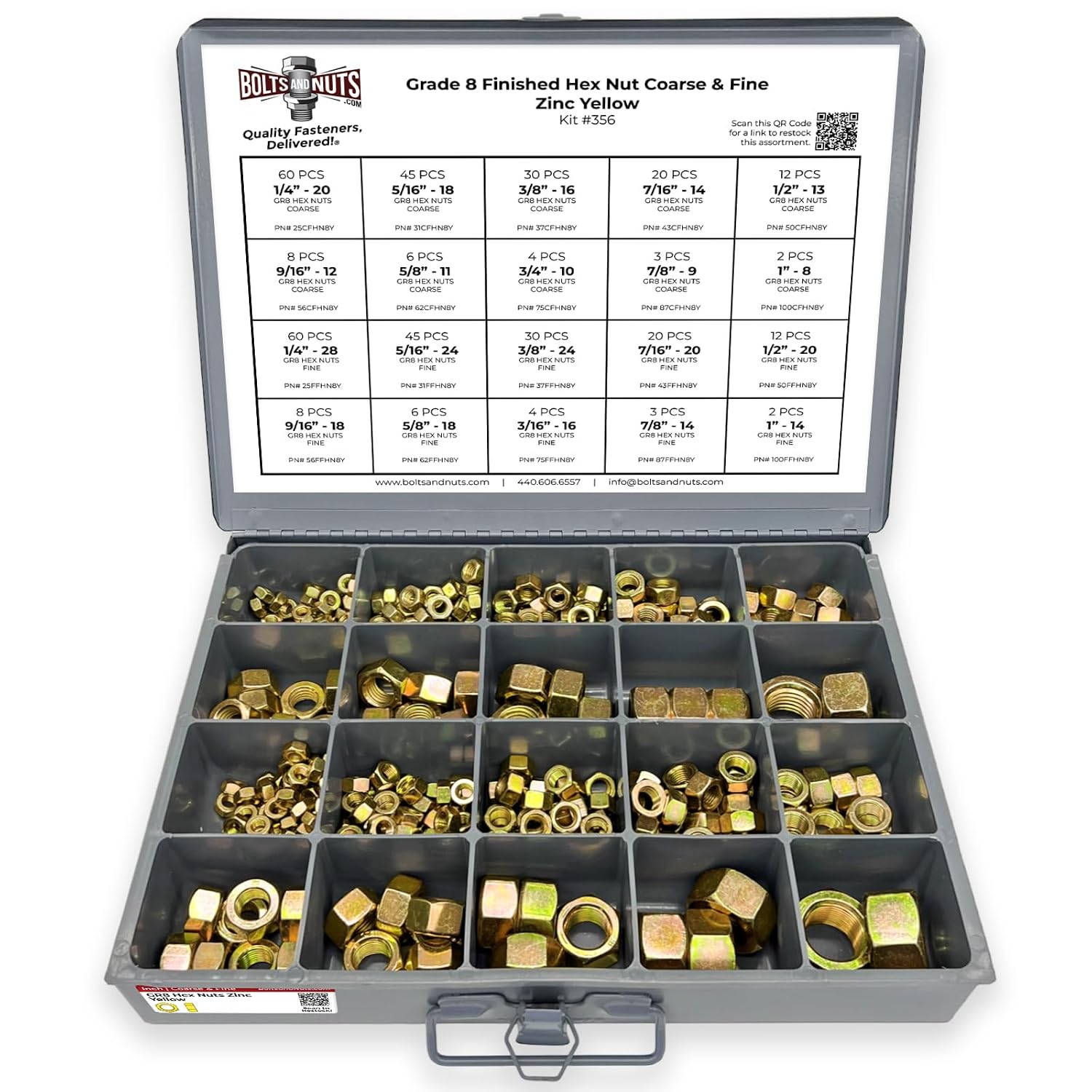 Grade 8 Finished Hex Nut Coarse & Fine Zinc Yellow Assortment - 381 Pieces