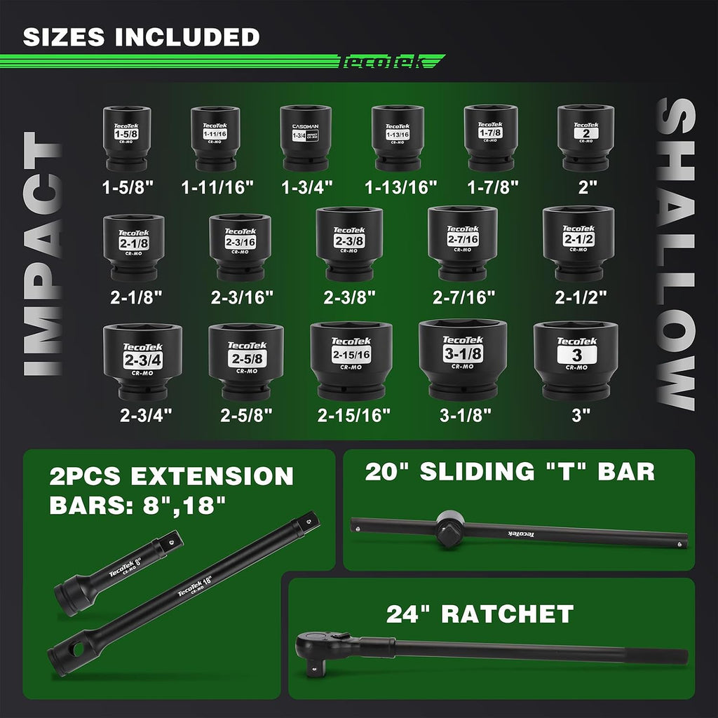 TecoTek 1' Drive Jumbo Shallow Impact Socket Set, 21-Piece Jumbo Assortment, SAE, 1-5/8 Inch to 3-1/8 Inch, CR-MO Steel, Ratchet, Extension Bar and Metal Case