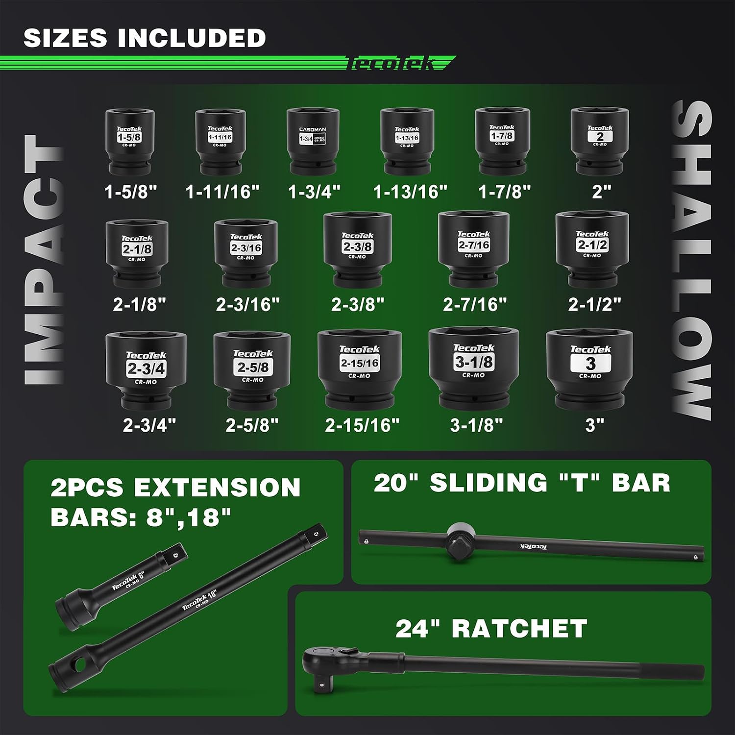 TecoTek 1' Drive Jumbo Shallow Impact Socket Set, 21-Piece Jumbo Assortment, SAE, 1-5/8 Inch to 3-1/8 Inch, CR-MO Steel, Ratchet, Extension Bar and Metal Case