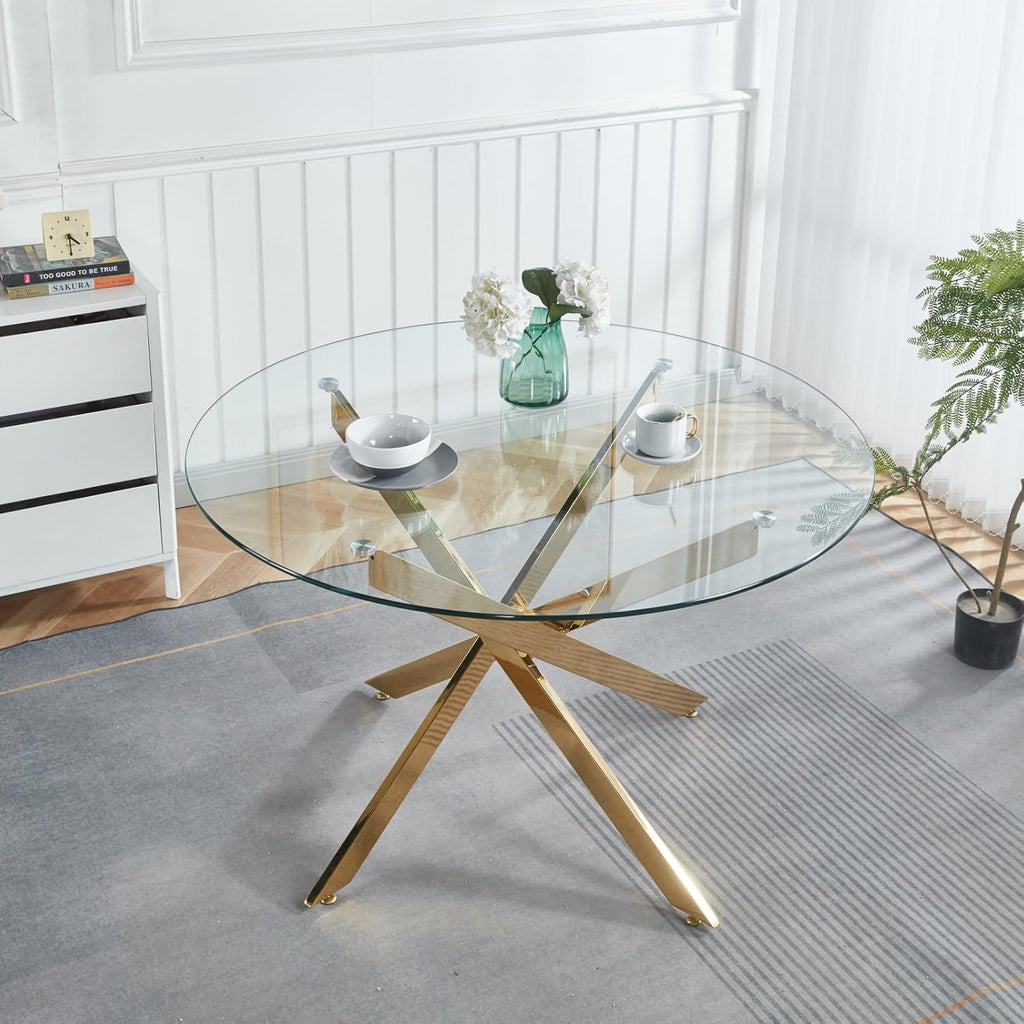 Round Glass Dining Table,Glass Dining Room Table with Metal Legs, Modern Style Glass Kitchen Table for Home, Kitchen, Dining Room