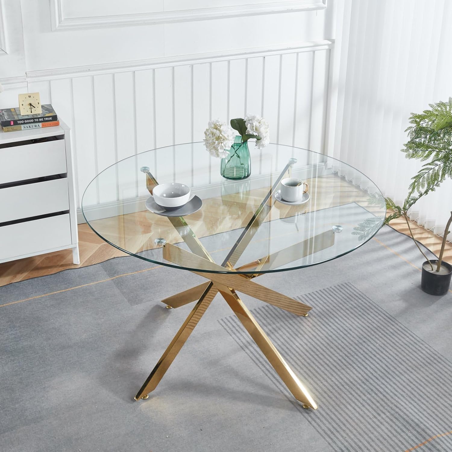 Round Glass Dining Table,Glass Dining Room Table with Metal Legs, Modern Style Glass Kitchen Table for Home, Kitchen, Dining Room