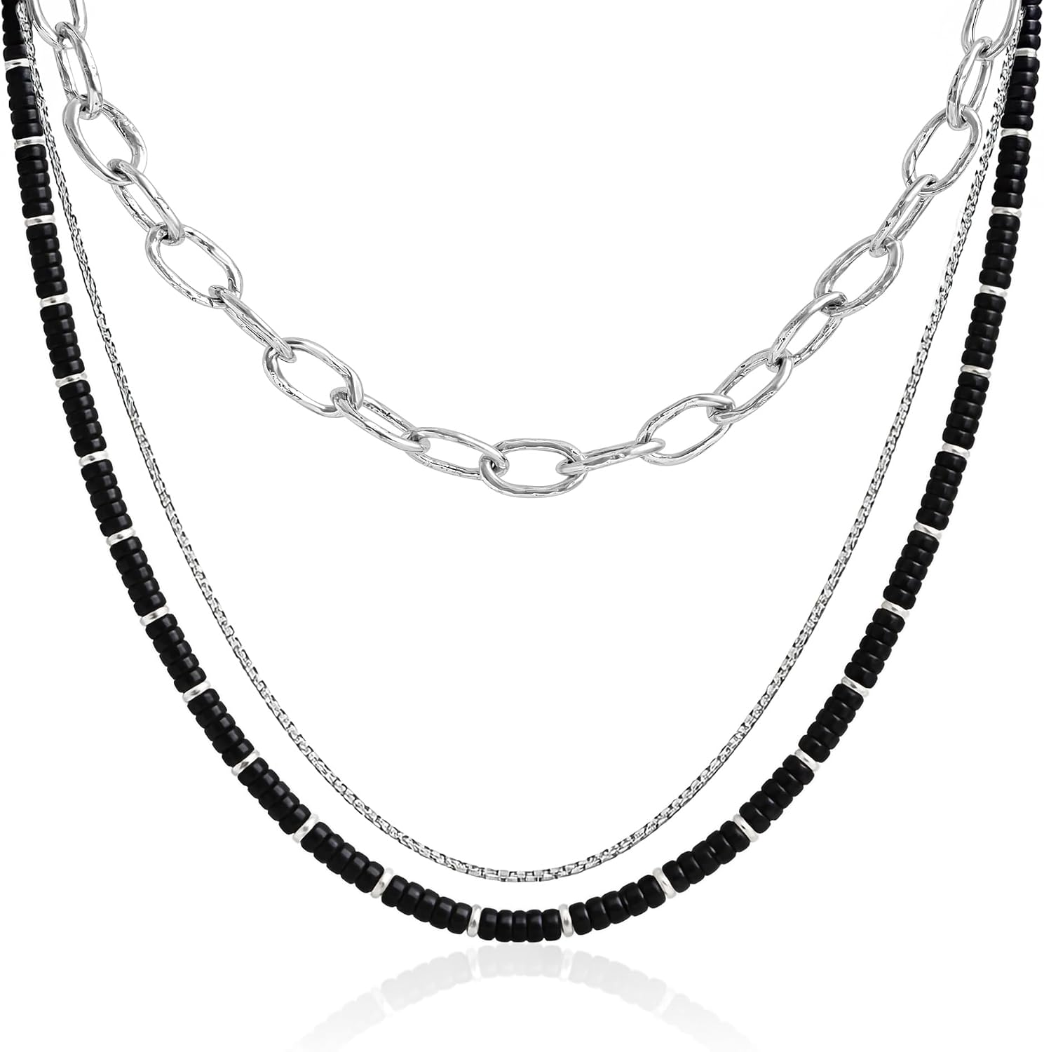 JEANRACHEL JEWELRY Men's 3-Piece Necklace Layering Set - Hammered Link Chain, Box Chain & Black Onyx Beads - Midnight Bundle