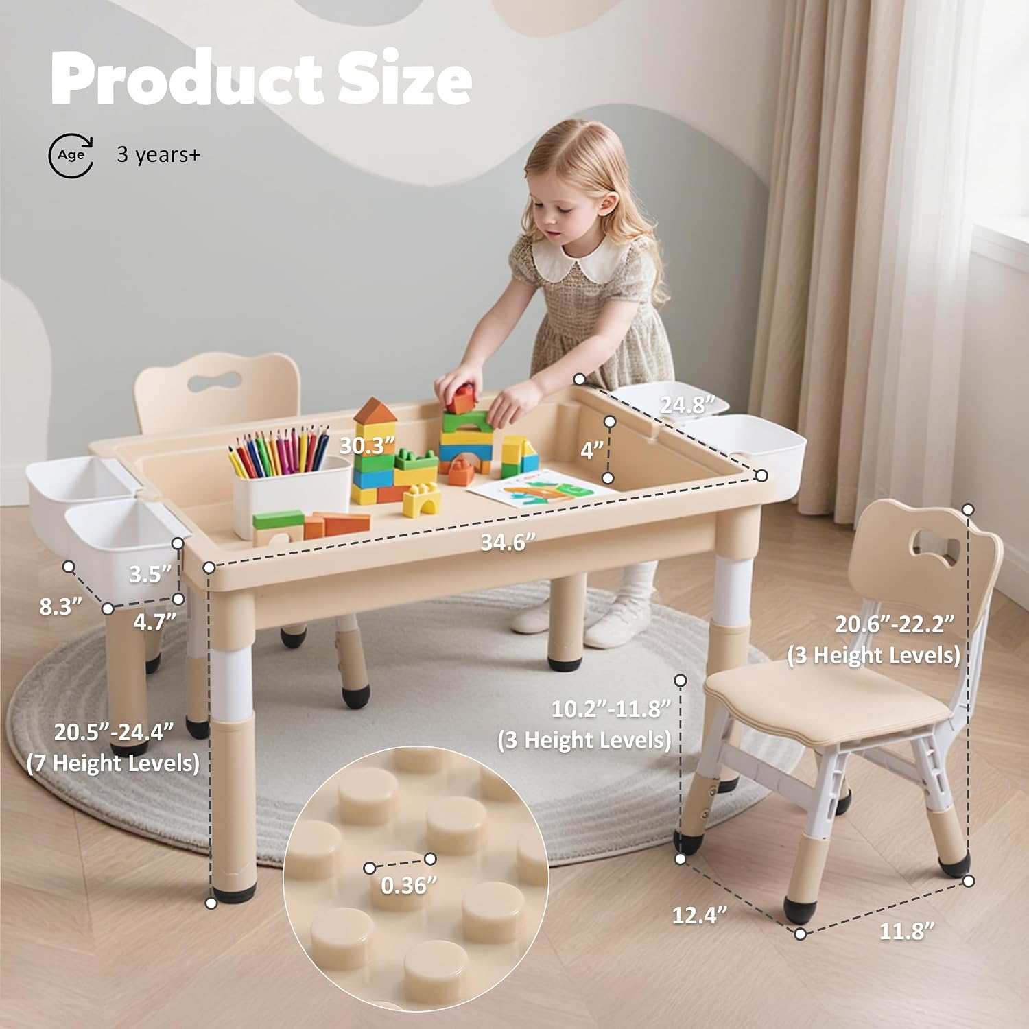 Kids Table and Chairs Set Large Storage, Height Adjustable Toddler Activity Table and 2 Chairs Set, 34.6x24.8' Graffiti/Block Building Desktop, 4 Side Boxes, Kids desk for Home, Preschool, Classroom